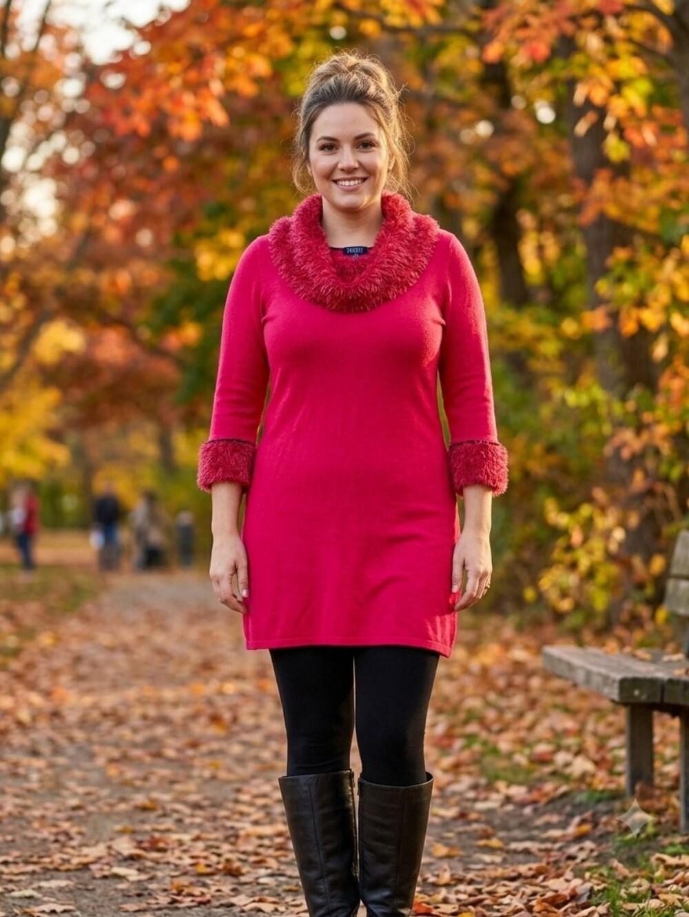 Spense Red Cowl Neck Sweater Dress with Fuzzy Trim